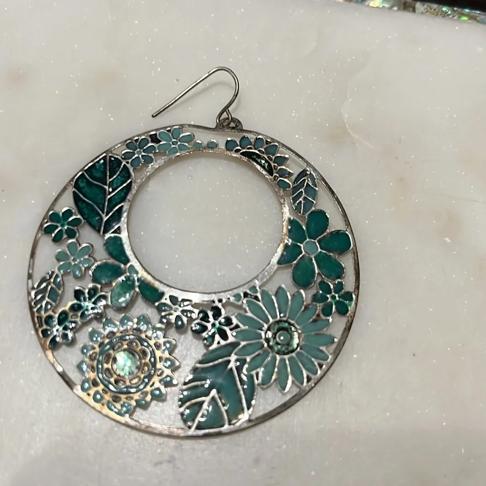 Sage green and dark green floral hoop silver pierced earrings  2”